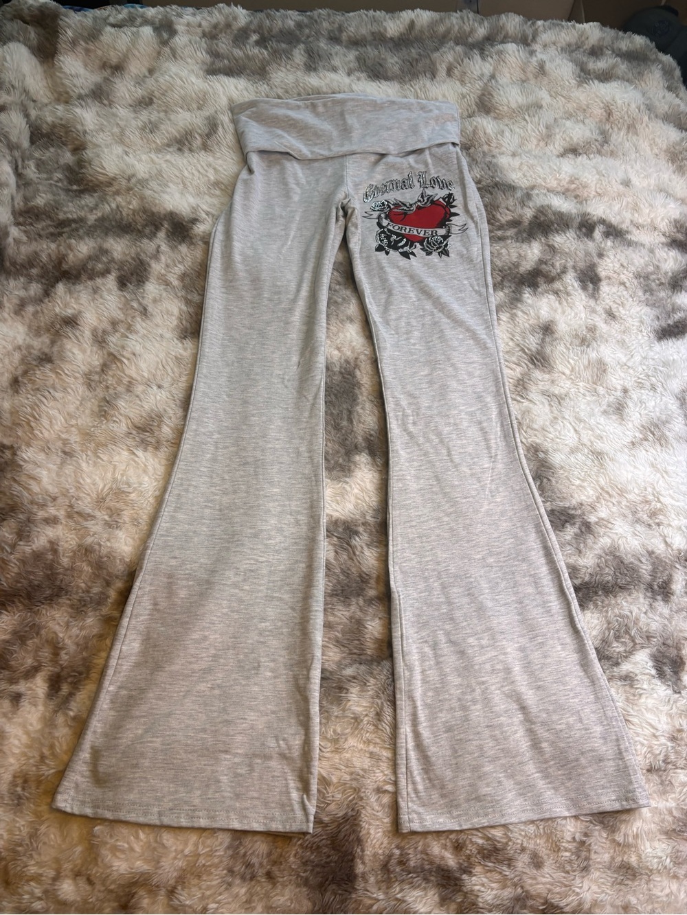 NWOT Y2K style  Gray Fold-Over Waist flared Pants with Red Heart Graphic